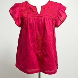 J. Marie Collections Ruffled Sleeve Embroidered Top Small Raspberry Pink